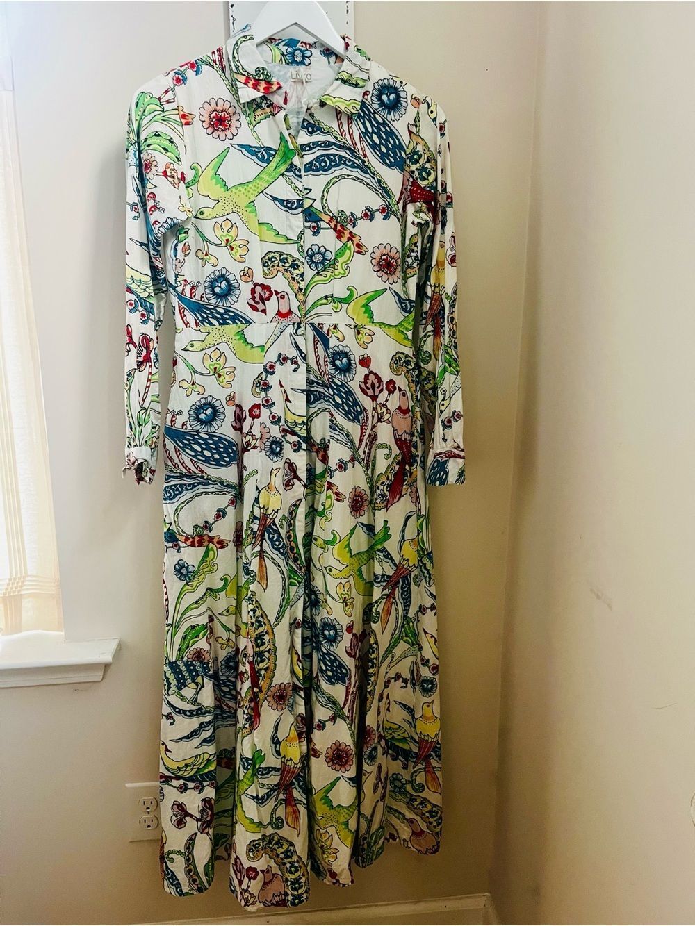 LIVRO Floral& Bird Print Button-Front Maxi Dress, fully lined with pockets; XS - Picture 4 of 11
